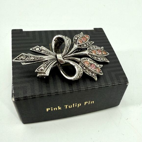 VTG Avon Pink Rhinestone Tulip Bouquet Brooch Pin Silver Tone Costume Jewelry - Picture 4 of 6